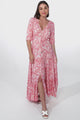 Rachel Maxi Dress - V-Neck 3/4 Sleeve Pull Tie Waist Tiered Dress in Henrietta Print Pink