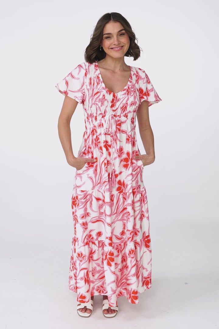 Amaya Midi Dress - Shirred Cap Sleeve A Line Dress in Braley Print Pink