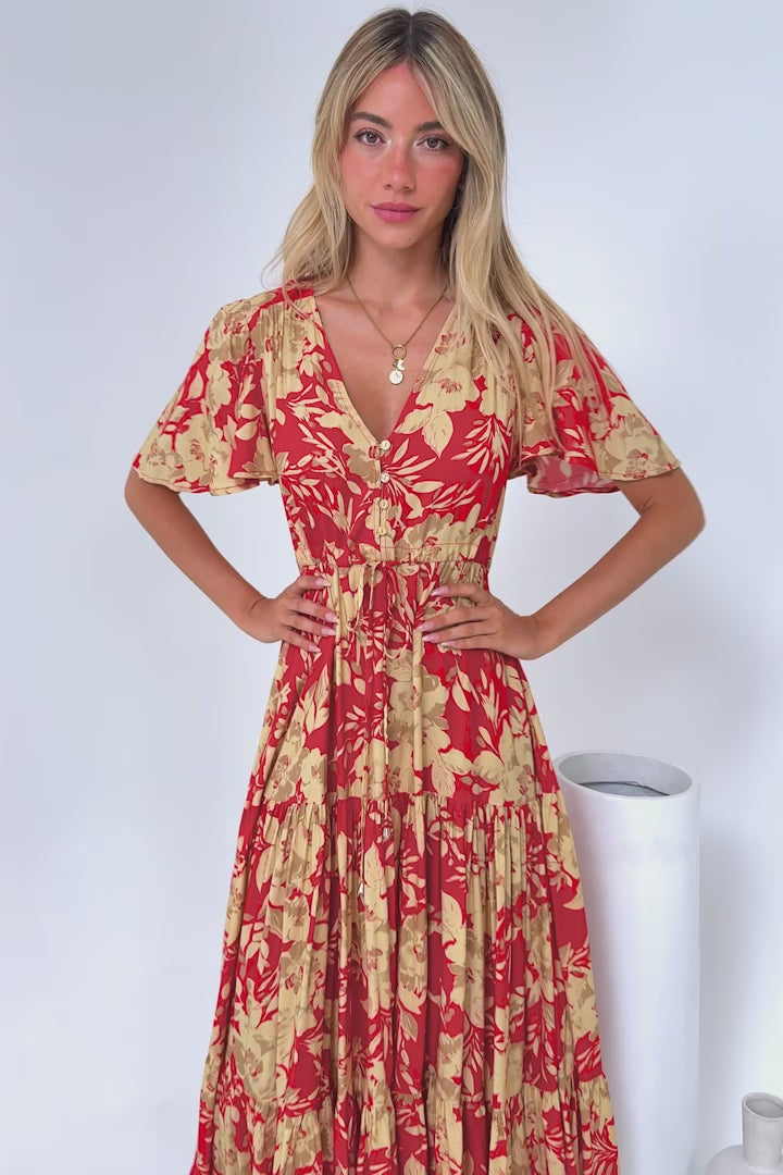 Ziggy Maxi Dress - Cap Sleeve Tiered Dress with Pull Tie Waist in Chianti Print Red