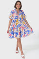 Abilia Mini Dress - Mandarin Collar Smock Dress in Polina Print Blue