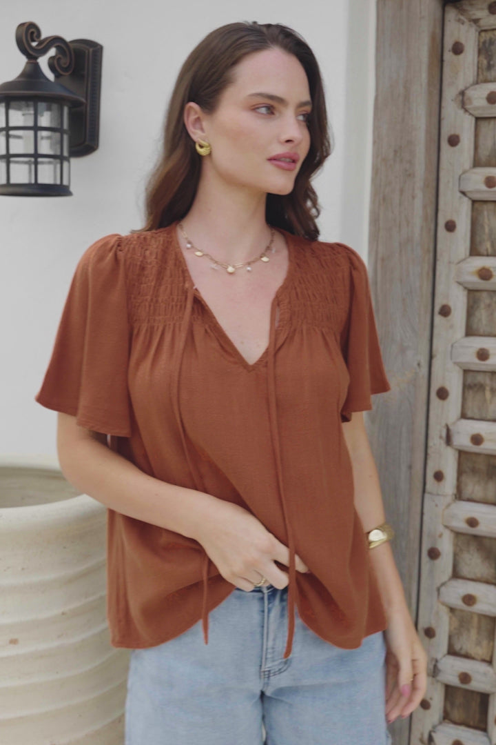 Kendra Top- V Neck Short Sleeve Top with Necktie in Tan