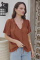 Kendra Top- V Neck Short Sleeve Top with Necktie in Tan