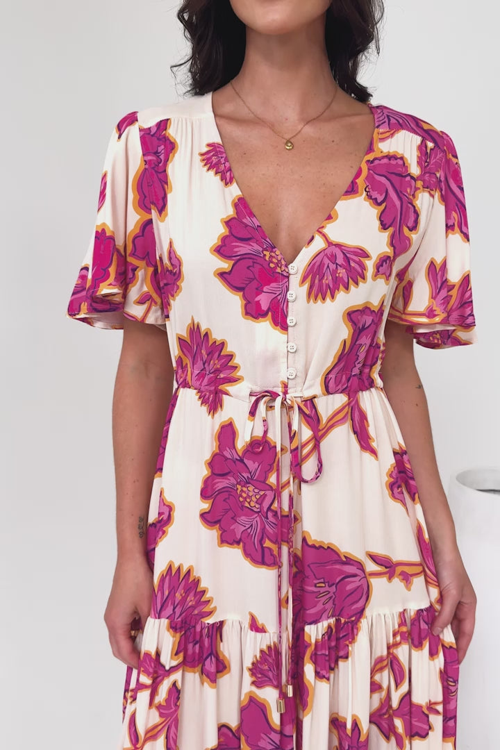 Anya Maxi Dress - Flutter Cap Sleeve Pull Tie Waist Dress in Kalia Print Cream