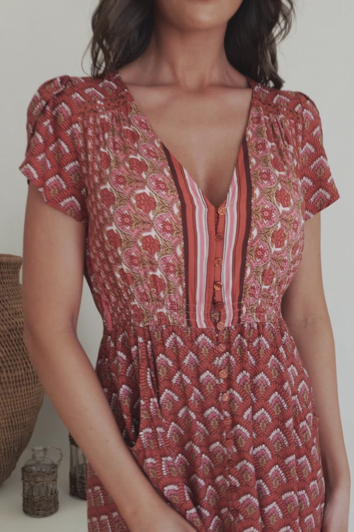 JAASE - Carmen Maxi Dress: Butterfly Cap Sleeve Button Down A Line Dress with Lace Trim in Coral Eden Print
