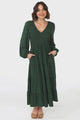 Maive Midi Dress - Shirred Bodice Tiered A Line Dress in Emerald