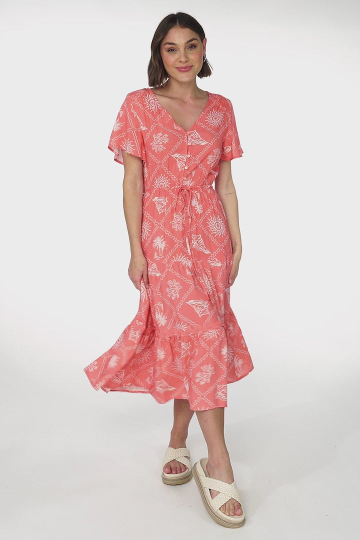 Marly Midi Dress - A Line Dress with Cap Sleeves and Rick Rack Splicing Kalah Print in Orange