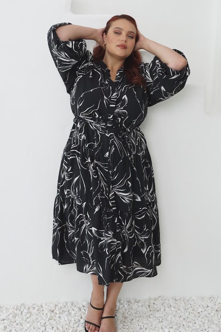 Brea Midi Dress - High Mandarin Collar Button Down Dress in Ivy Print Black