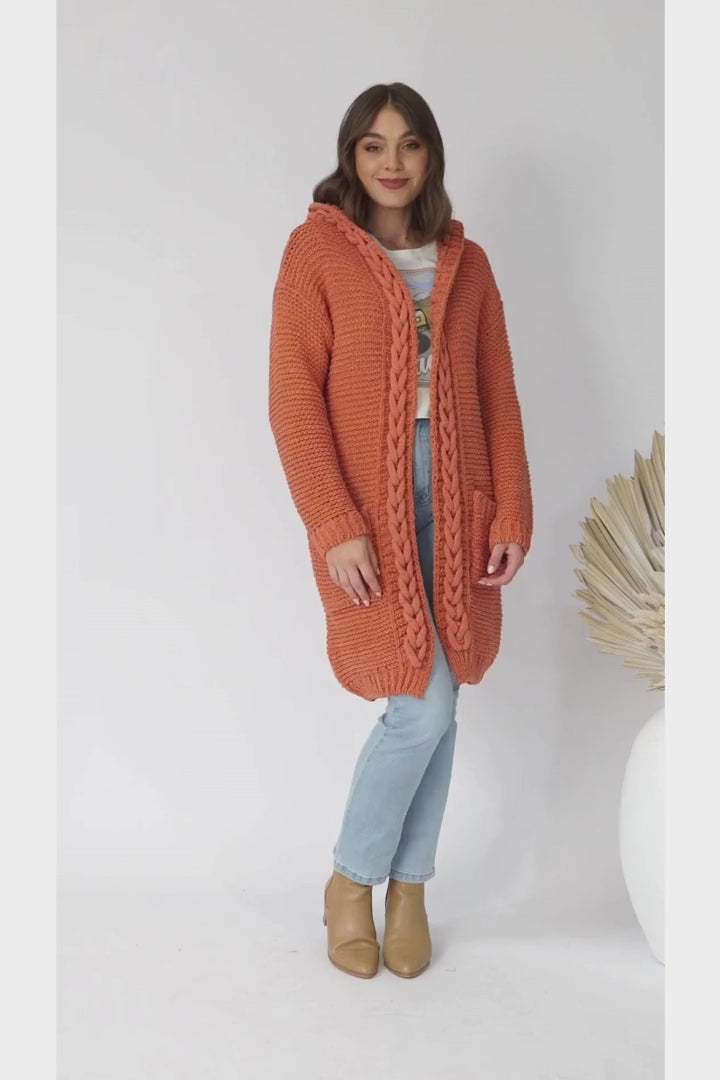 Toolara Cardigan - Thick Cable Knit Hooded Cardigan with Pocket in Rust