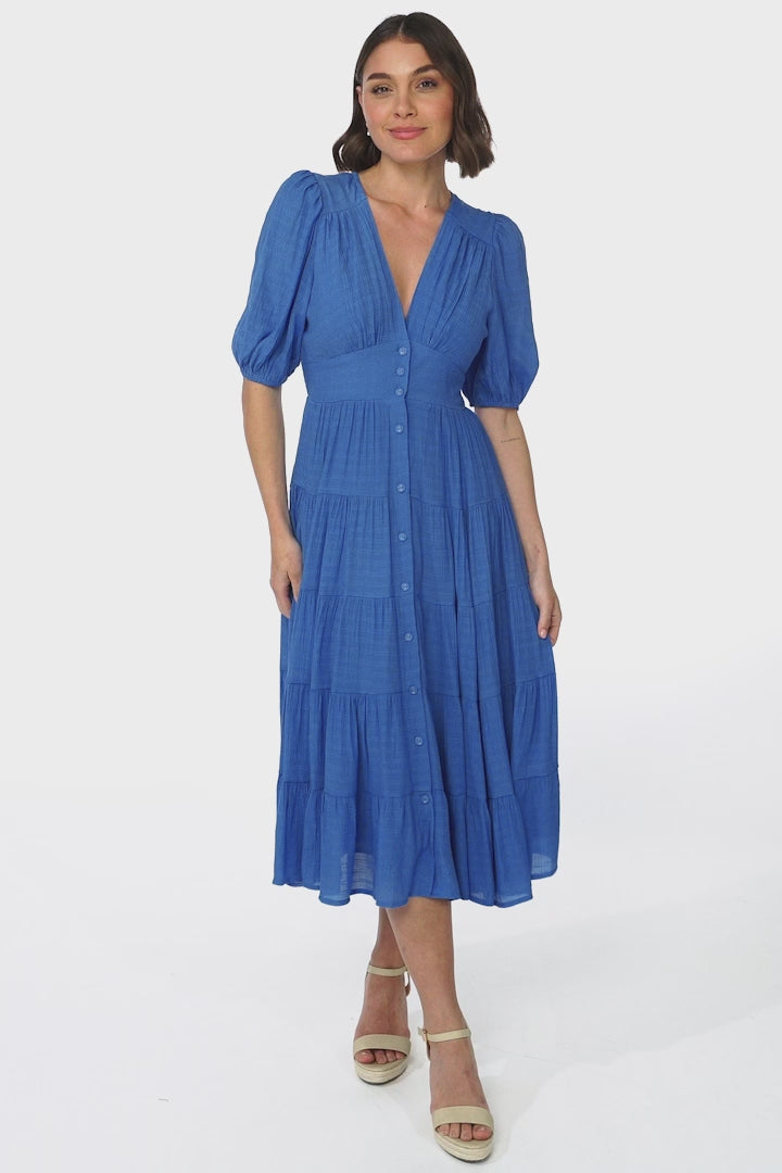 Divya Midi Dress - V Neck Button Through Dress With Ballon Sleeves in Cobalt Blue