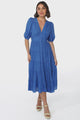 Divya Midi Dress - V Neck Button Through Dress With Ballon Sleeves in Cobalt Blue