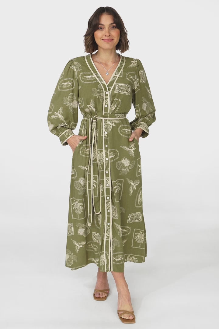 Arlette Midi Dress - Button Down Long Sleeve Dress with Matching Belt in Saad Print