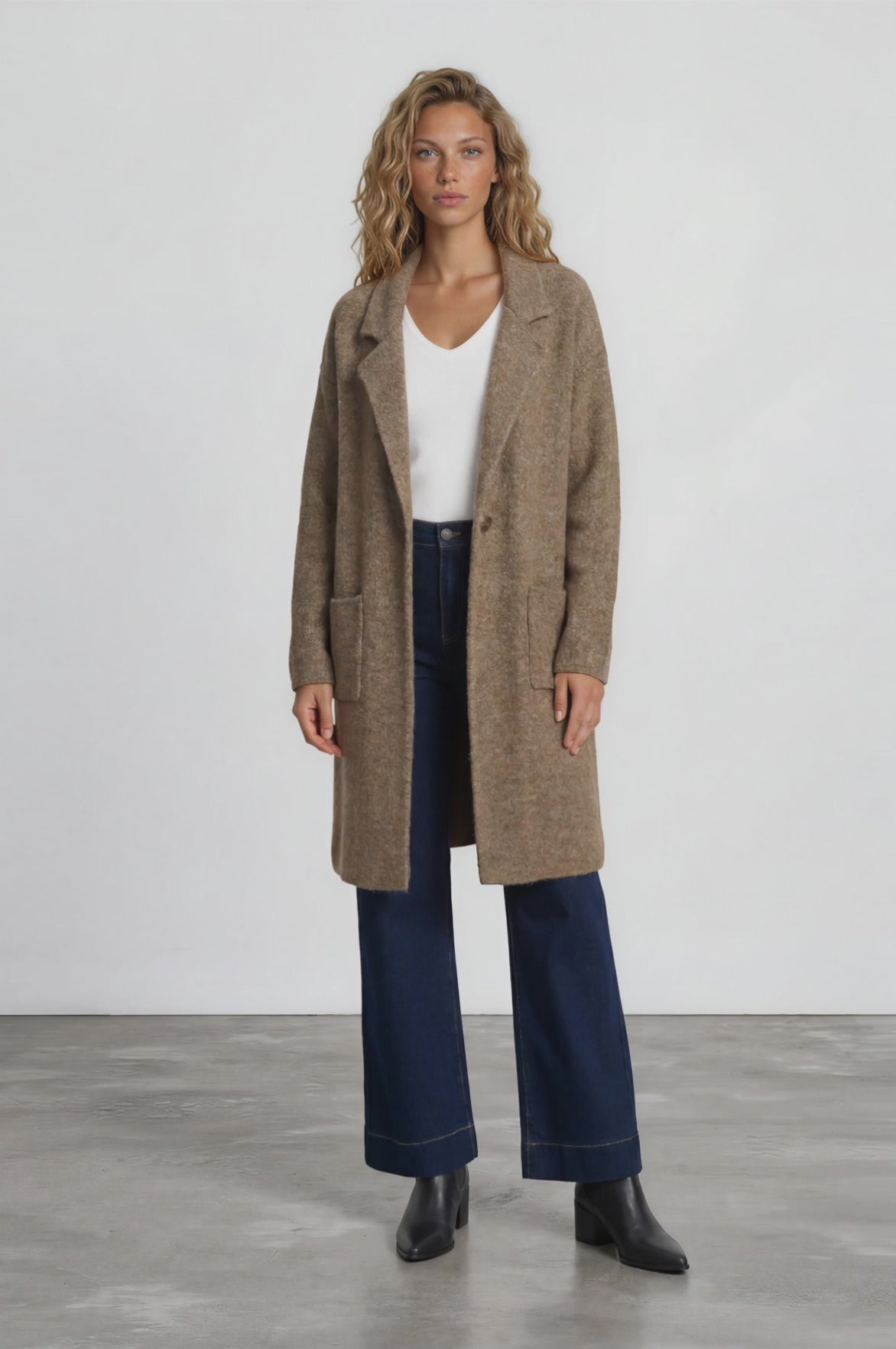 Keagan Cardigan - Folded Lapel Collar Coatigan with Pockets in Mocha