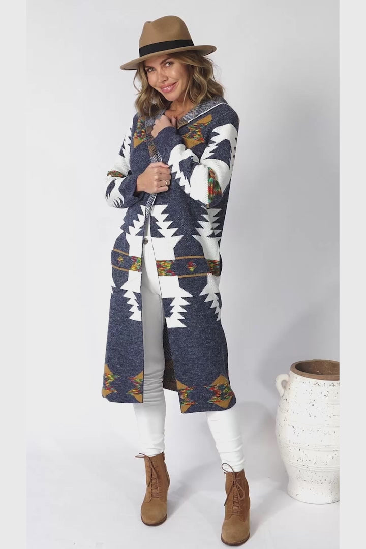 Quest Cardigan - Hooded Long Line Graphic Cardigan in Navy