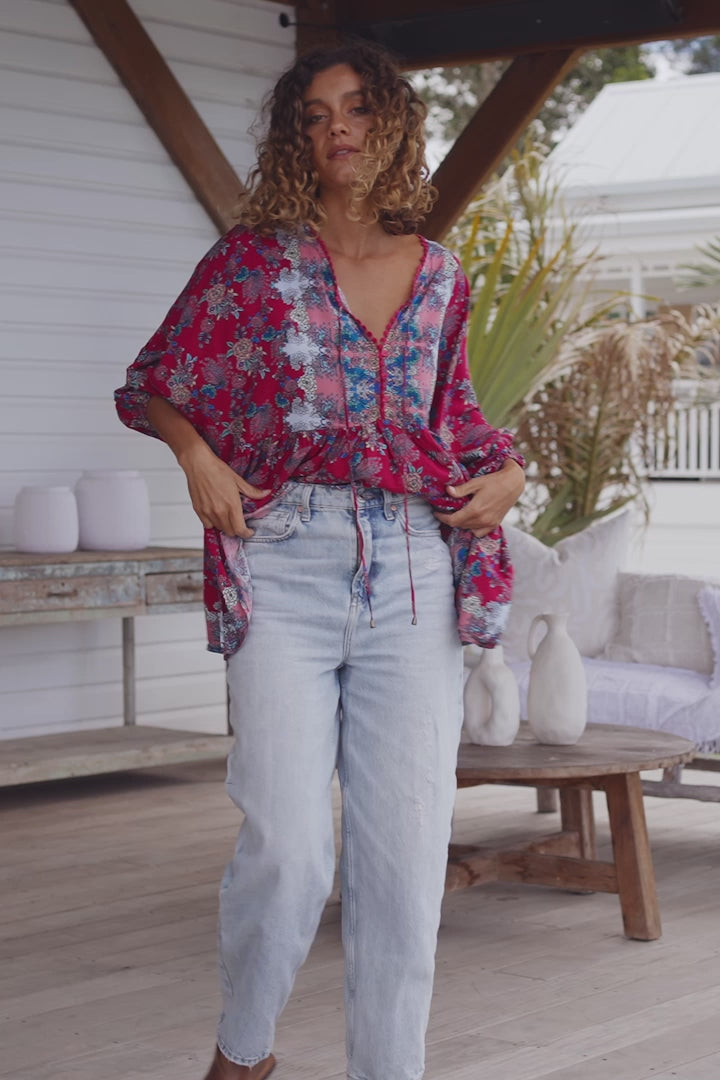 JAASE - Chloe Top: Very Oversized Crochet Trim Neckline Smock Top in Strawberry Kiss Print
