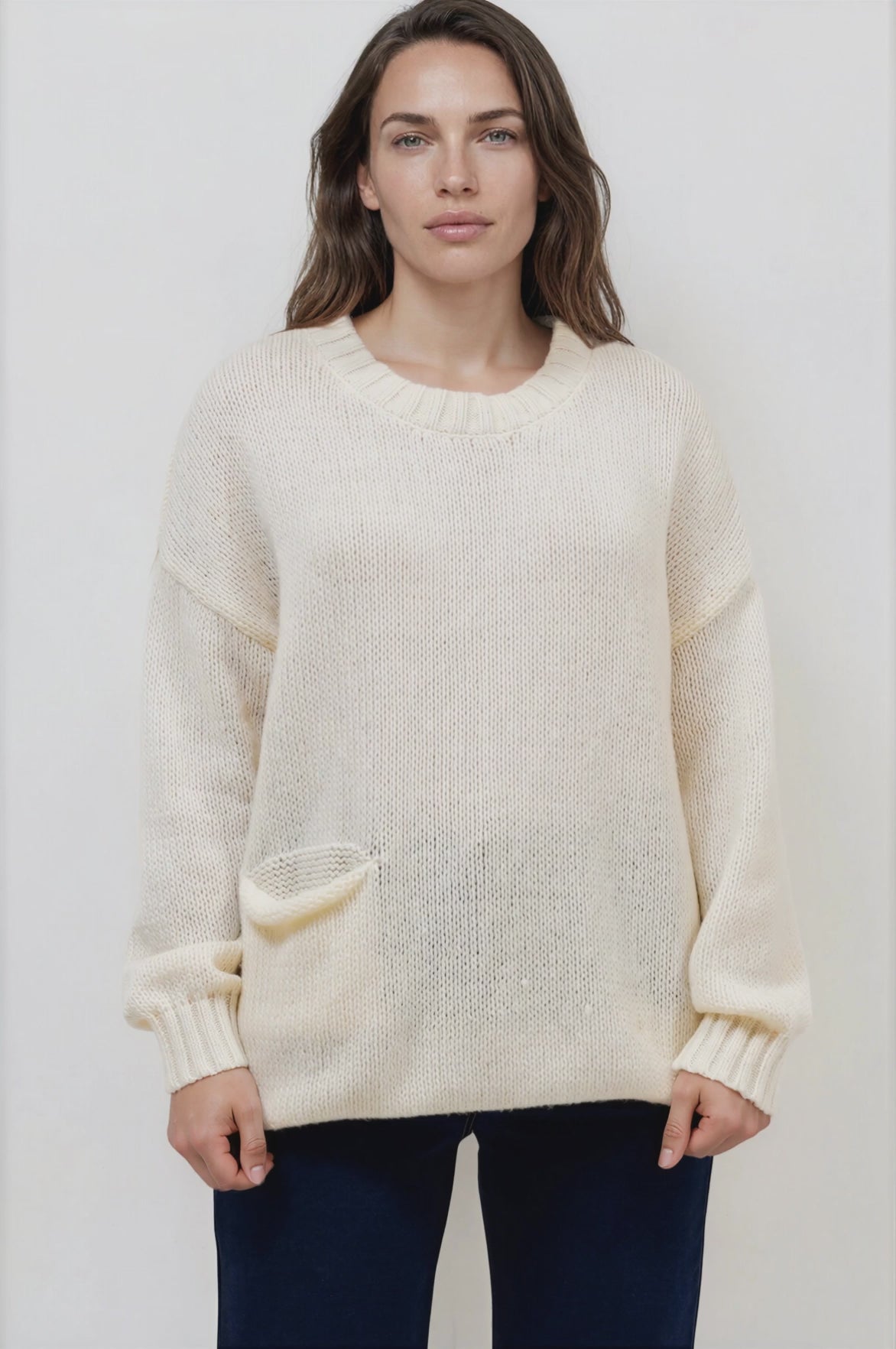 Caesar Jumper - Crew Neck Long Knit with Pocket and Ribbed Hemlines in Beige