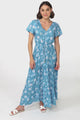 Hanna Maxi Dress - Cap Sleeve Tiered A Line Dress with Toggle Detailed Waist Tie in Ishaka Print Blue