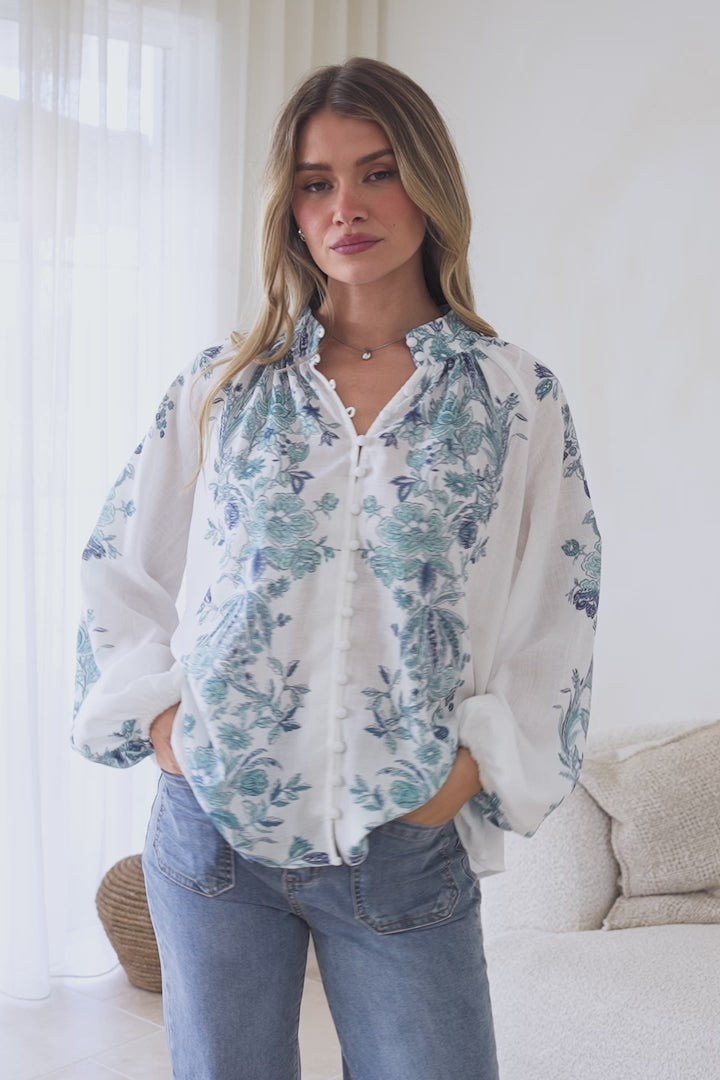 Hilary Blouse - Mandarin Collar Linen Button Down with Balloon Sleeves in Gemma Print Blue