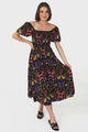 Shira Midi Dress - On Or Off Shoulder Elasticated Bodice Dress With Short Balloon Sleeves In Ayla Print Black