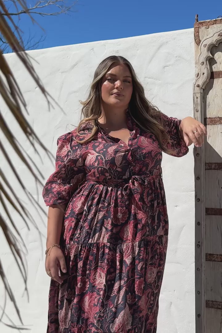 Jenni Maxi Dress - Frill Collar 3/4 Sleeve Dress with Waist Tie in Narah Print
