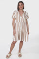 Wilma Mini Dress - Bermuda Collar Button Down Dress with Cap Sleeves in Gaubi Print Beige