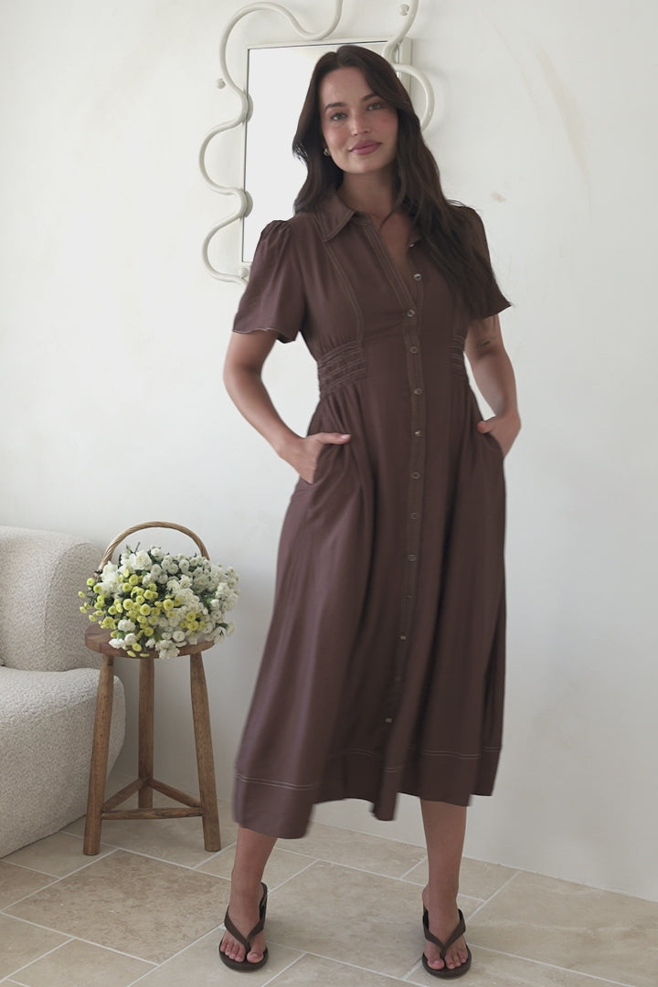 Byella Midi Dress - Collared Button Down Contrast Stitched Dress with Pockets in Chocolate