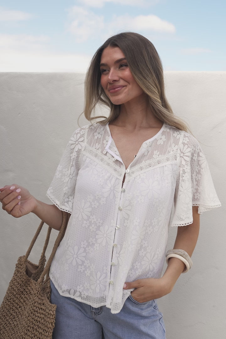 Tyella Top - Lace Motif Overlay Button Down with Cape Sleeves in White