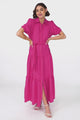 Valencia Maxi Dress - Collared Tiered Button Down Dress with Contrast Trim in Pink