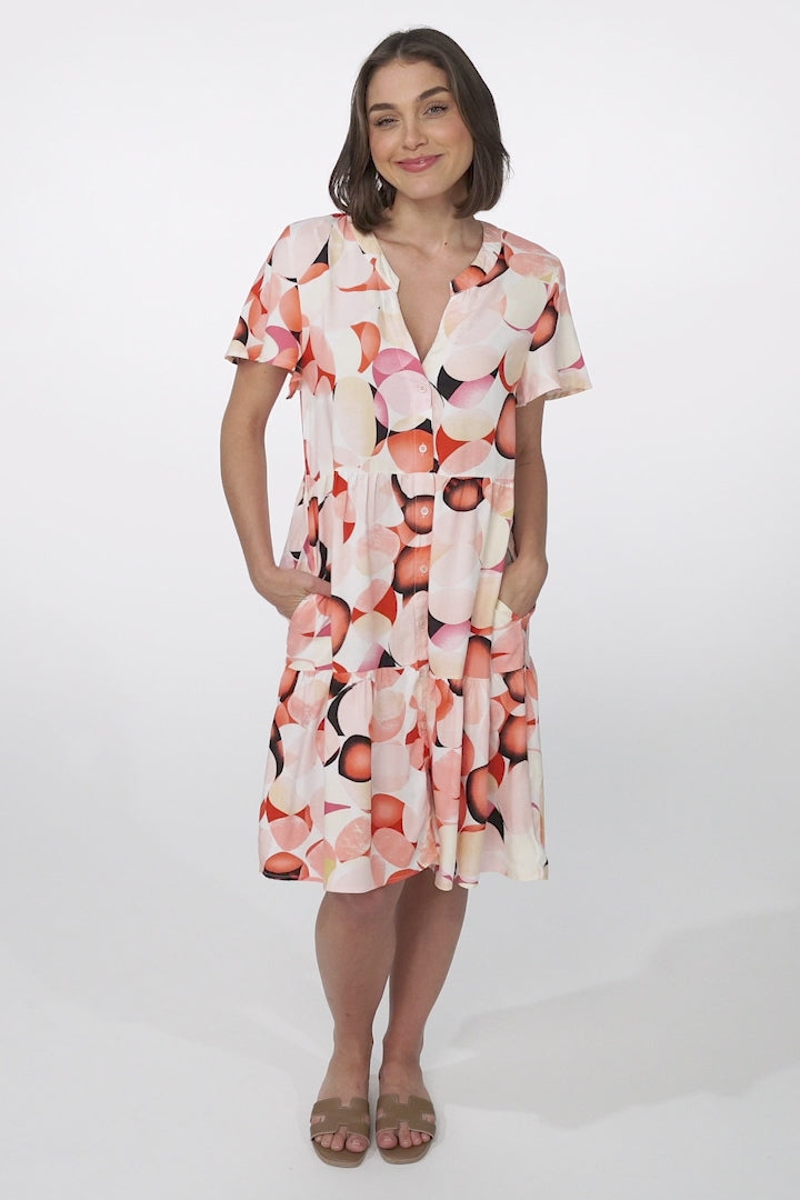 Wilma Mini Dress - Bermuda Collar Button Down Dress with Cap Sleeves in Maine Print Pink