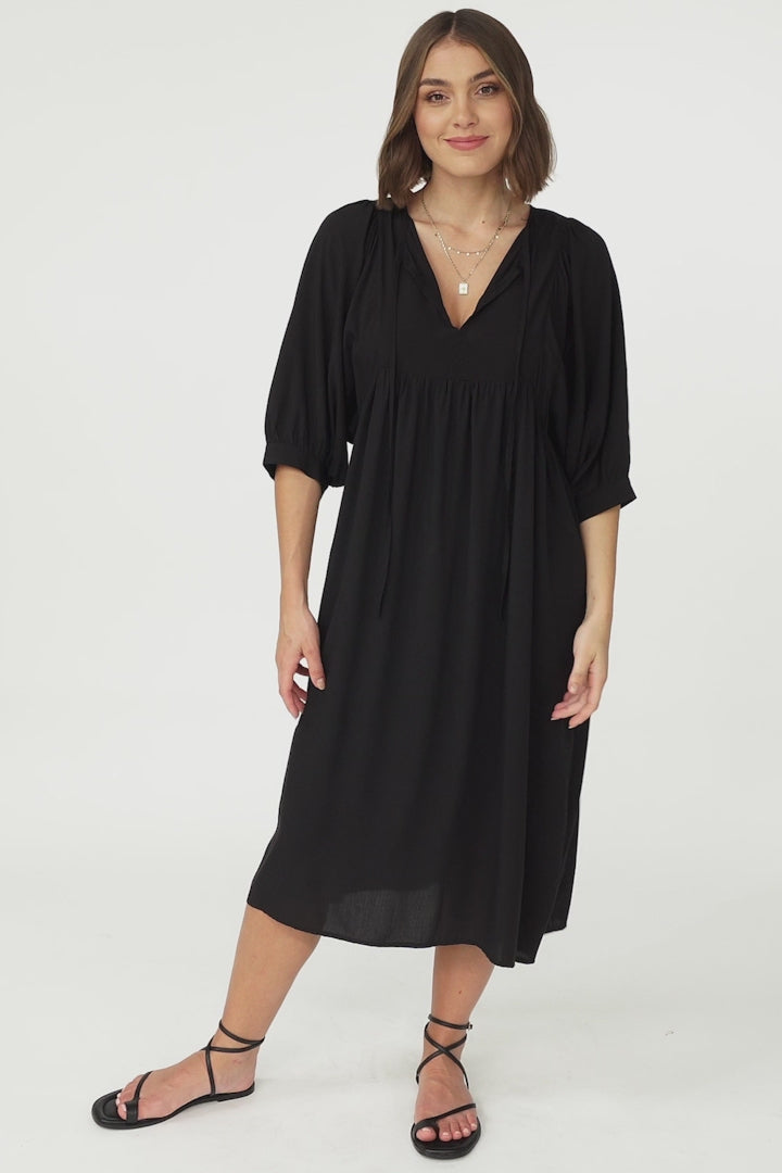 Mariah Midi Dress - V Neck Smock Dress with Batwing Sleeves in Black