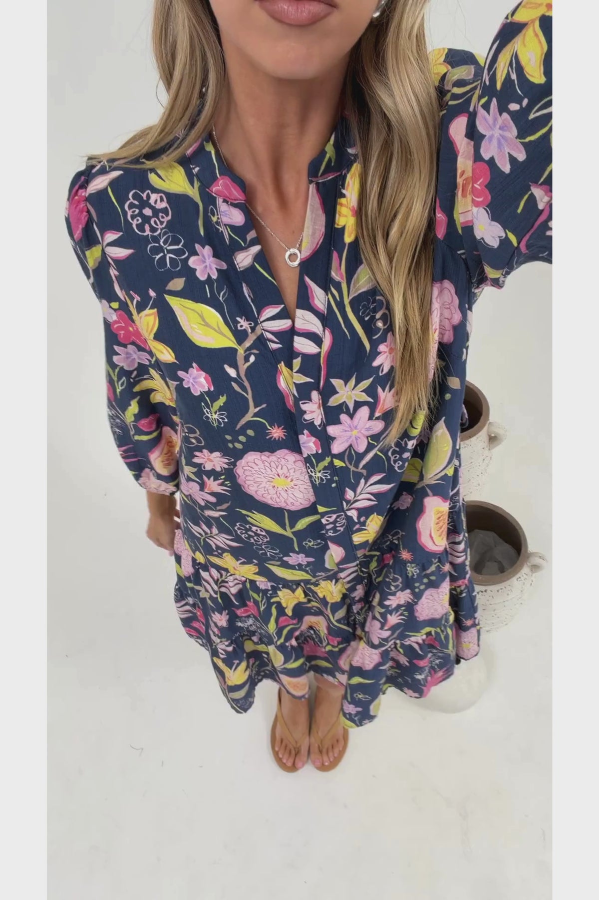 Cadell 3/4 Sleeve Mini Dress - Mandarin Collar Button Down Dress in Lanikai Print