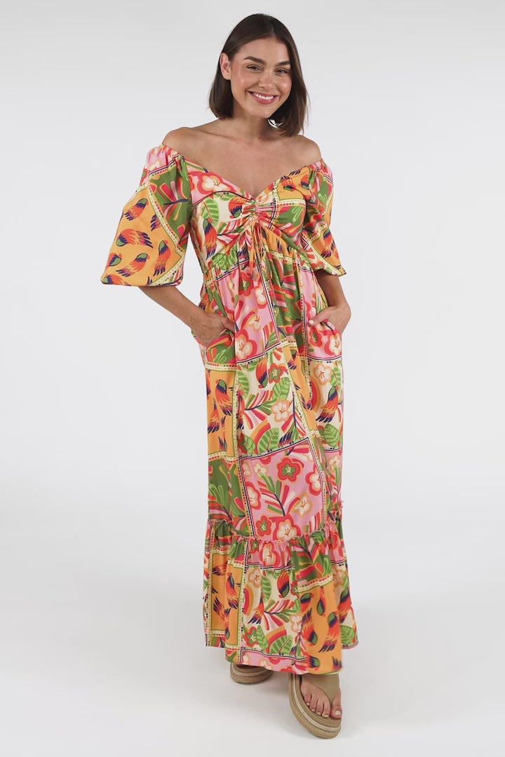 Yanna Maxi Dress - On or Off Shoulder A Line Dress with Elasticated Back in Labelle Print