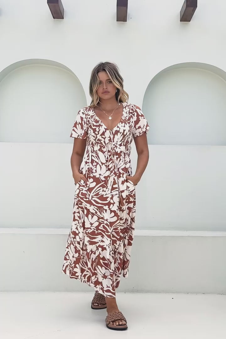 Amaya Midi Dress - Shirred Cap Sleeve A Line Dress in Charis Print Rust