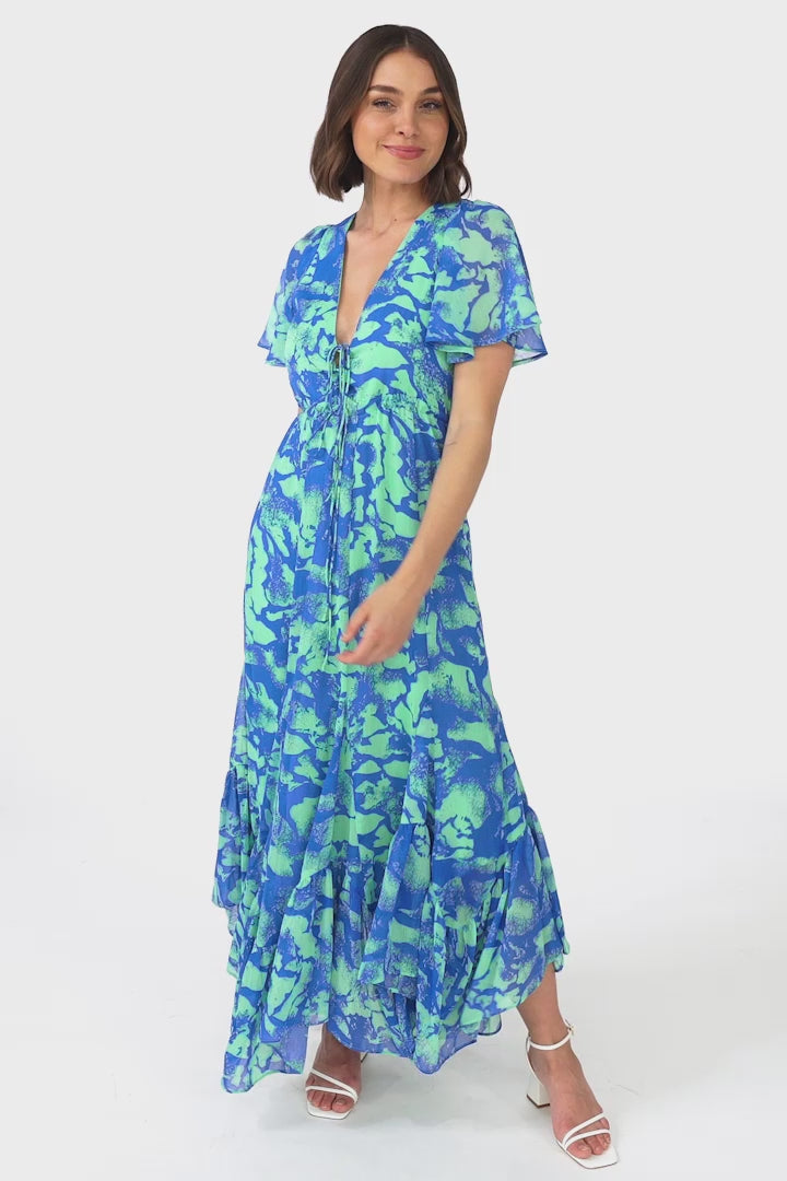 Ranaya Maxi Dress - Cap Sleeve Tie Bust Detailed A-Line Dress in Francis Print Blue