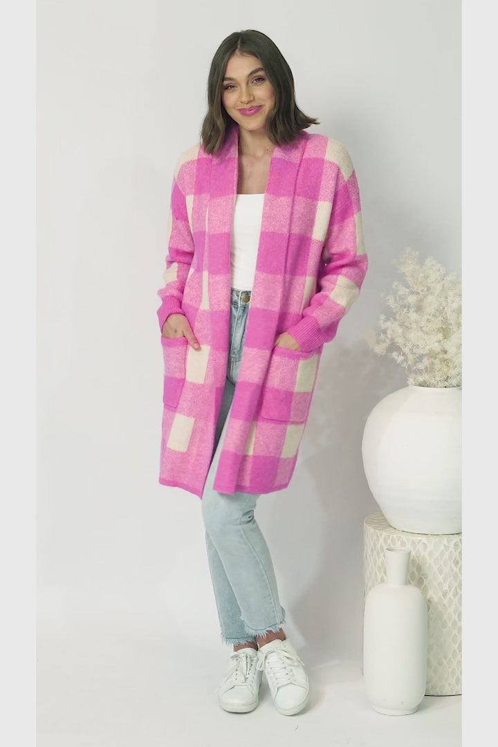 Adelen Cardigan - Folded Center Front Checkered Cardigan in Pink