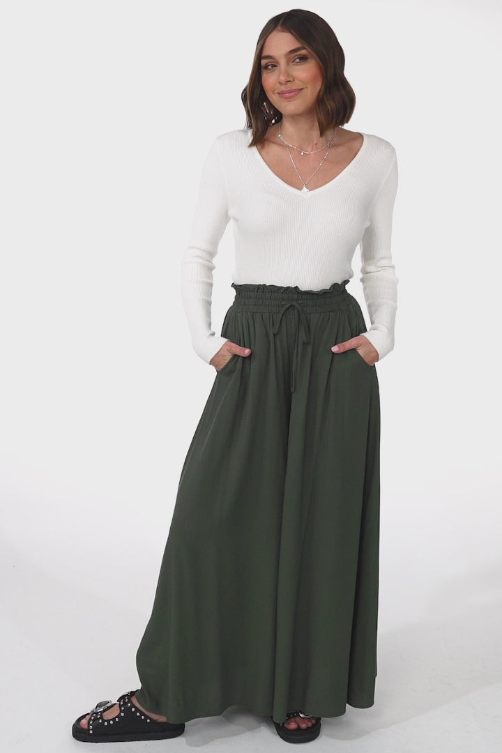 Charli Pants - Paper Bag High Waisted Wide Leg Pants in Olive