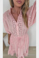 Dove Maxi Dress - Plaid Textured Lace Detailed Dress with Puff Sleeves in Pink