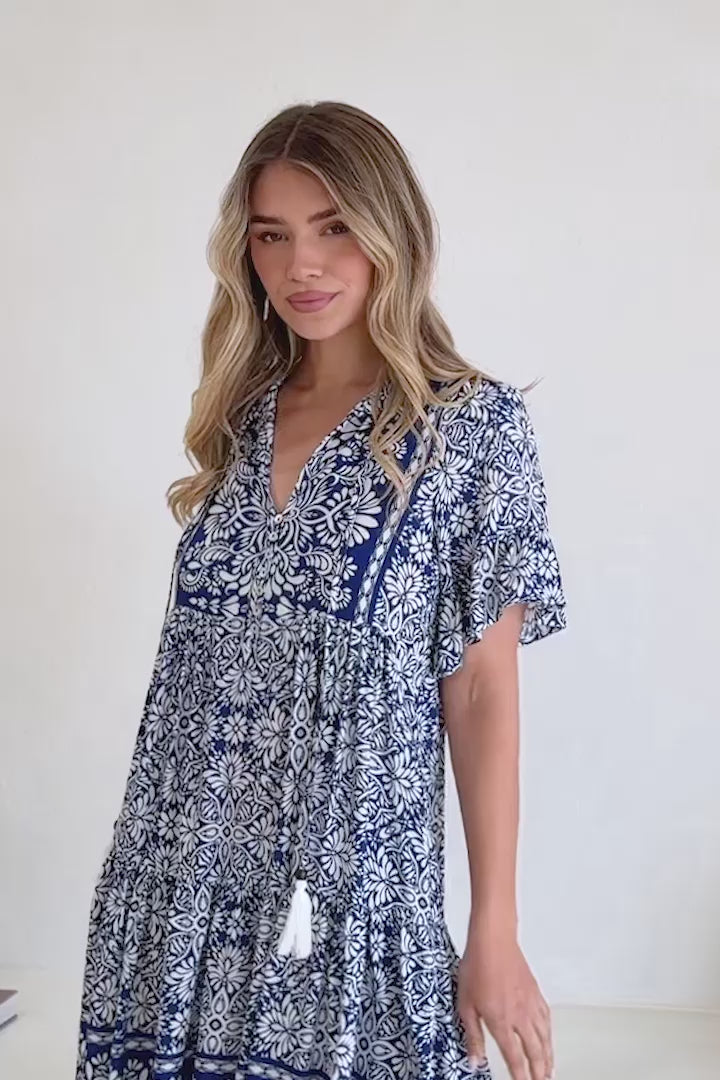 Abilia Mini Dress - Mandarin Collar Smock Dress in Harley Print Blue