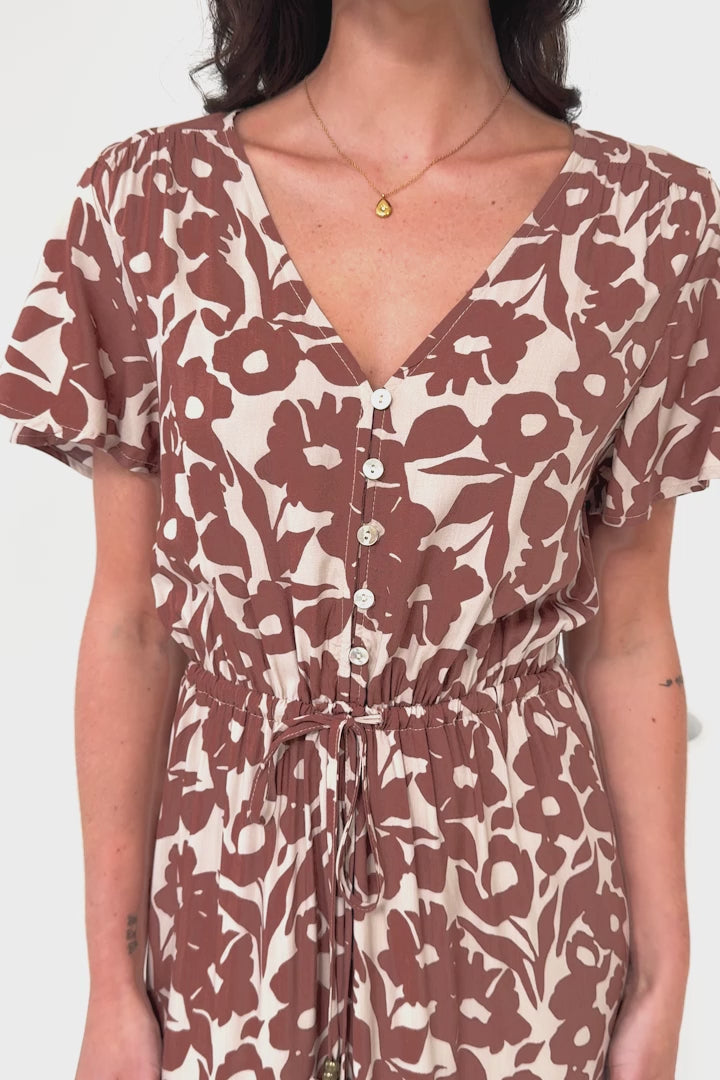 Hanna Maxi Dress - Cap Sleeve Tiered A Line Dress with Toggle Detailed Waist Tie in Emma-Jade Print Brown