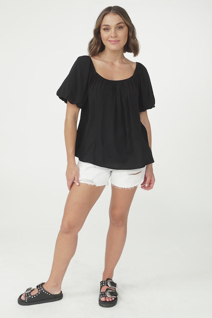 Bertie Top - On or Off Shoulder Short Billow Sleeve Top in Black