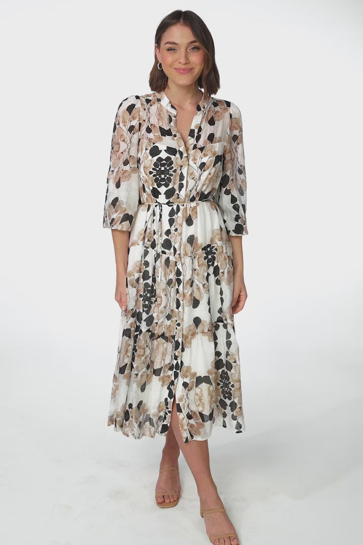 Milie Midi Dress - Mandarin Collar Button Down Dress with Belt in Calea Print Beige