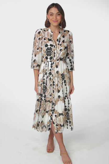 Milie Midi Dress - Mandarin Collar Button Down Dress with Belt in Calea Print Beige