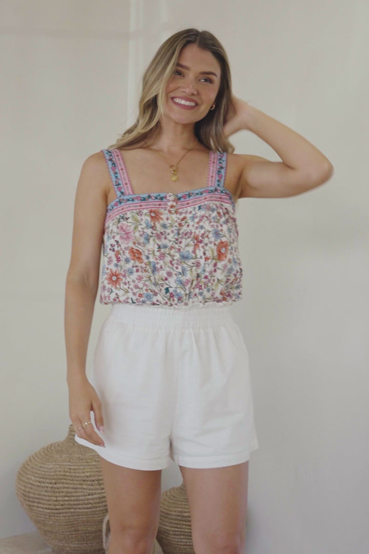 Aspa Top - Thick Adjustable Strap Button Front Crop in Scottie Print