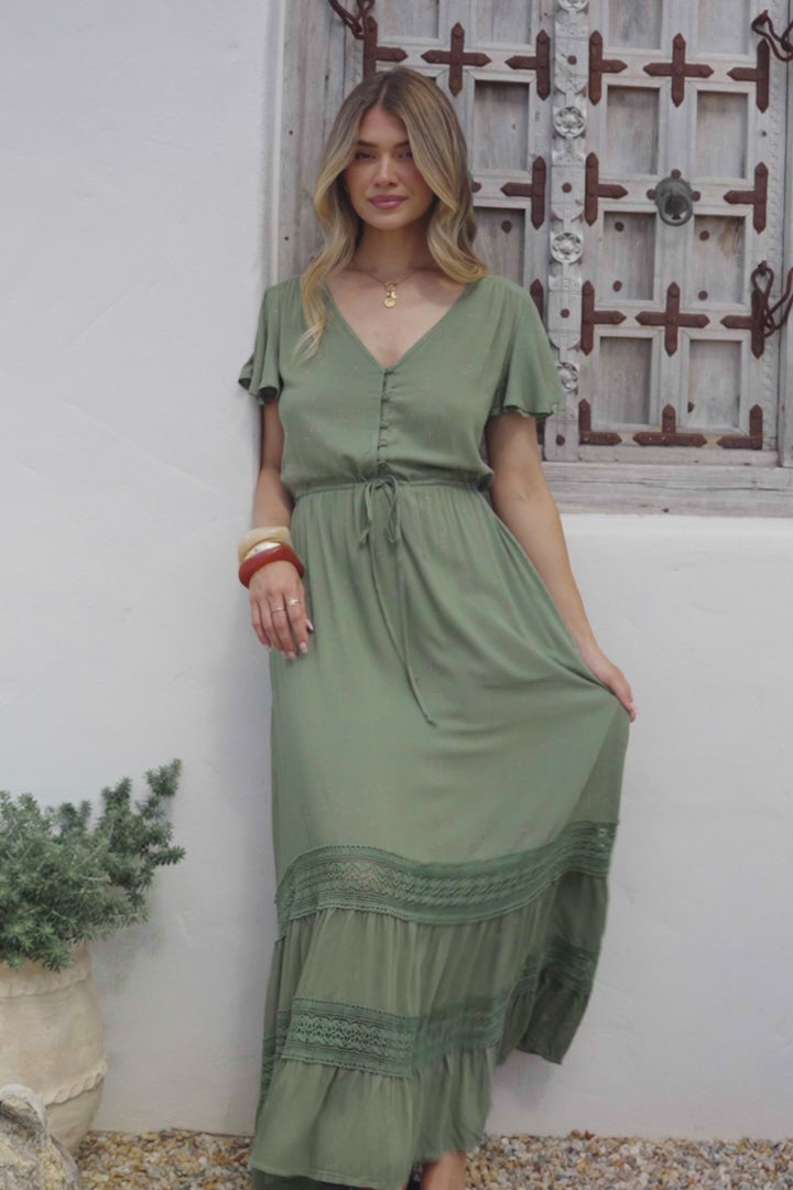 Narissa Maxi Dress - A-Line Dress with Lace Splicing and Flutter Sleeves in Khaki