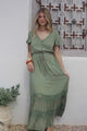 Narissa Maxi Dress - A-Line Dress with Lace Splicing and Flutter Sleeves in Khaki