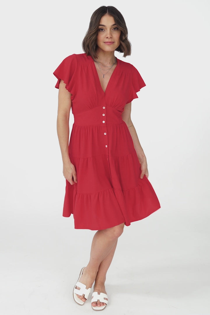 Amy Mini Dress - Frill Cap Sleeve Button Down V Neck Dress in Red