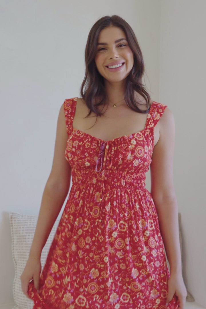 Nyra Midi Dress - Thick Strap Tie at Neckline A-Line Sun Dress in Maevi Print
