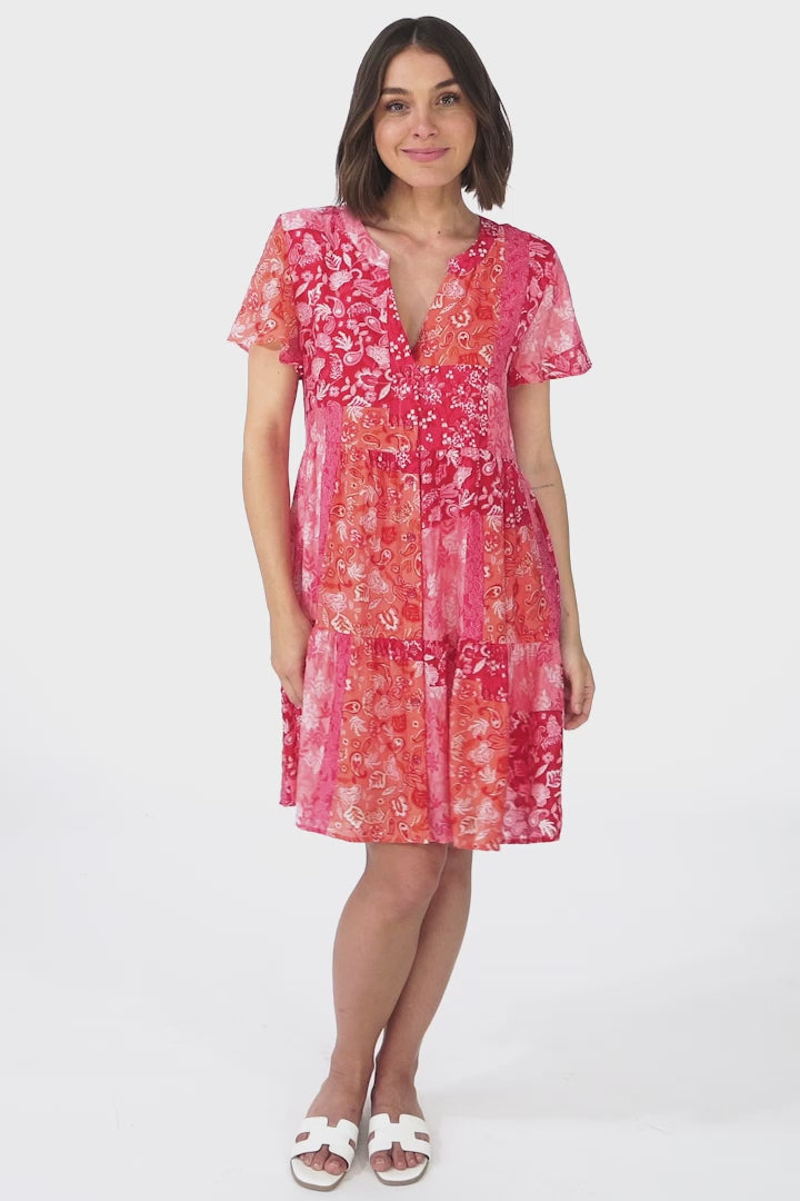 Wilma Mini Dress - Bermuda Collar Button Down Cape Sleeve Dress in Ita Print Pink