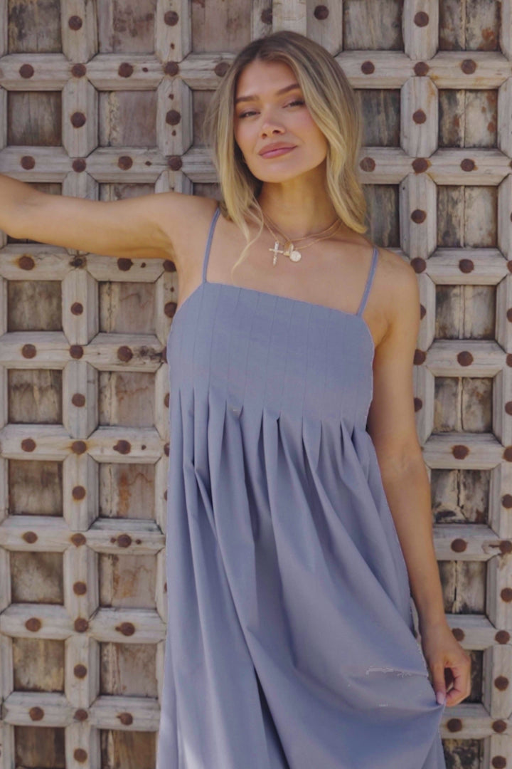 Hepburn Midi Dress - Adjustable Strap Pleated Bodice Sun Dress in Blue