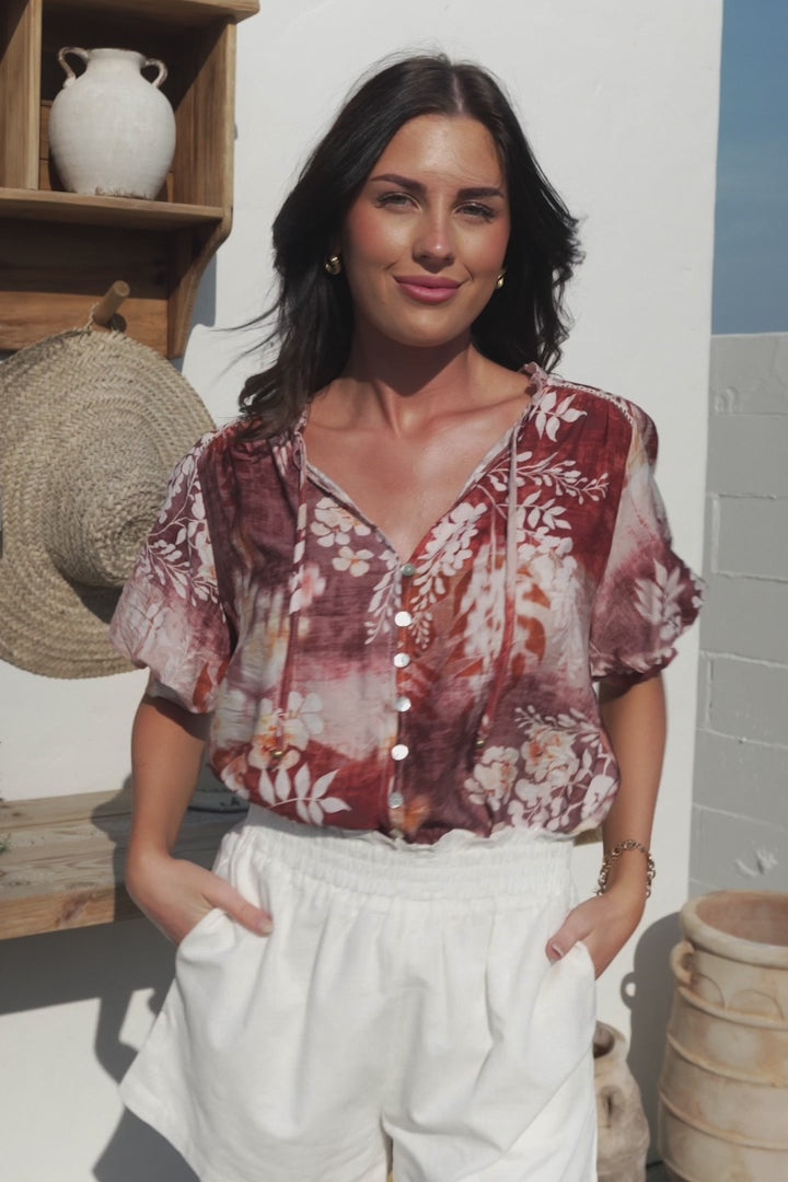 Acacia Blouse - Button Down Short Balloon Sleeve Shirt with Buttoned Cuffs in Ashara Print