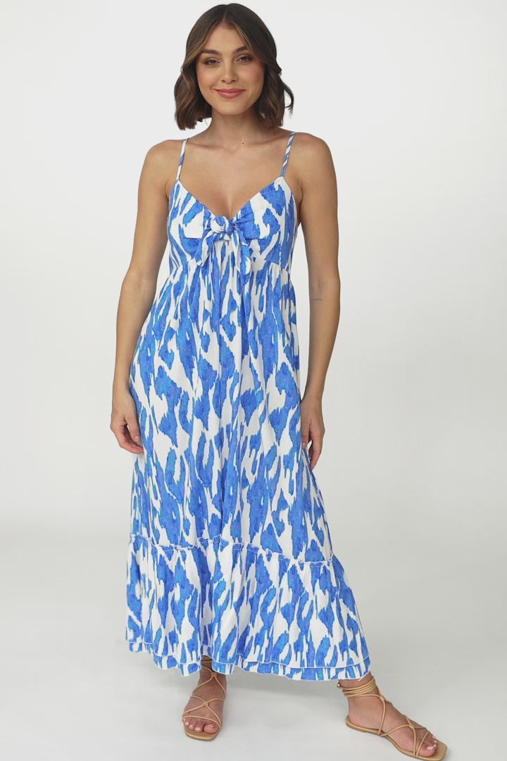 Lylly Midi Dress - Spaghetti Strap Sun Dress with Bow Bust Detail in Blue